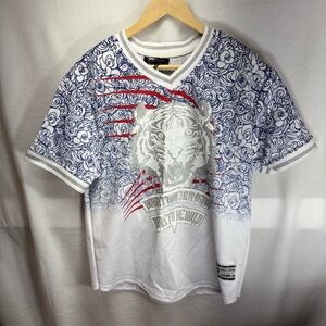 M Society Blue and White Short Sleeve Tee with V-Neck and Paisley‎ Design